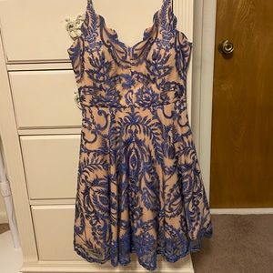 tan & blue formal dress